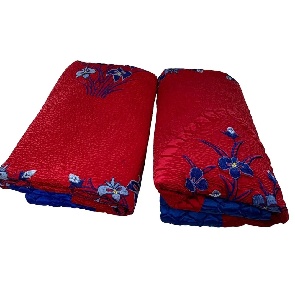 Vintage Asian Quilted Embroidered Duvet Cover‎ Set of 2 Red Blue Floral Boho VTG